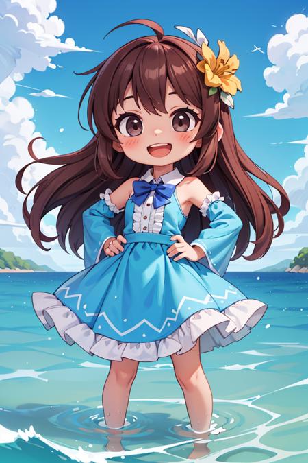 389905-1758380321-(chibi_1),masterpiece,best quality,dramatic,1girl,solo,long hair,brown hair,detached sleeves,open mouth,smile,outdoors,water,sky.png